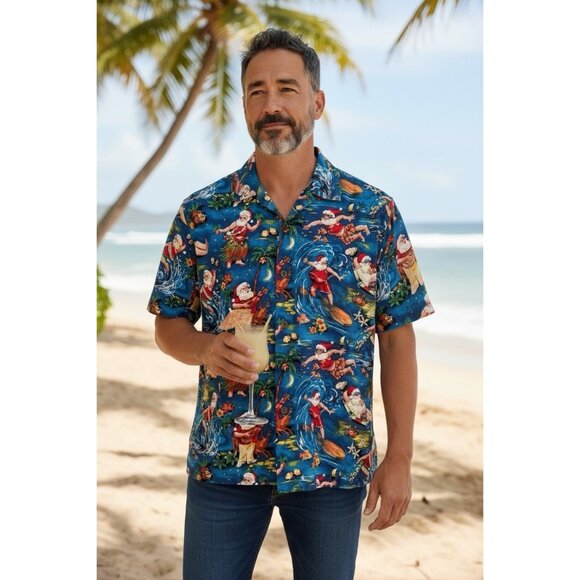 Max Boxxer Hawaiian Aloha Christmas Santa Shirt Mens M Surfing Beach Novelty - Picture 1 of 11